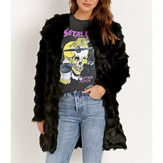BB Dakota Its All Happening Chevron Faux Fur Winter Coat Jacket Black XS