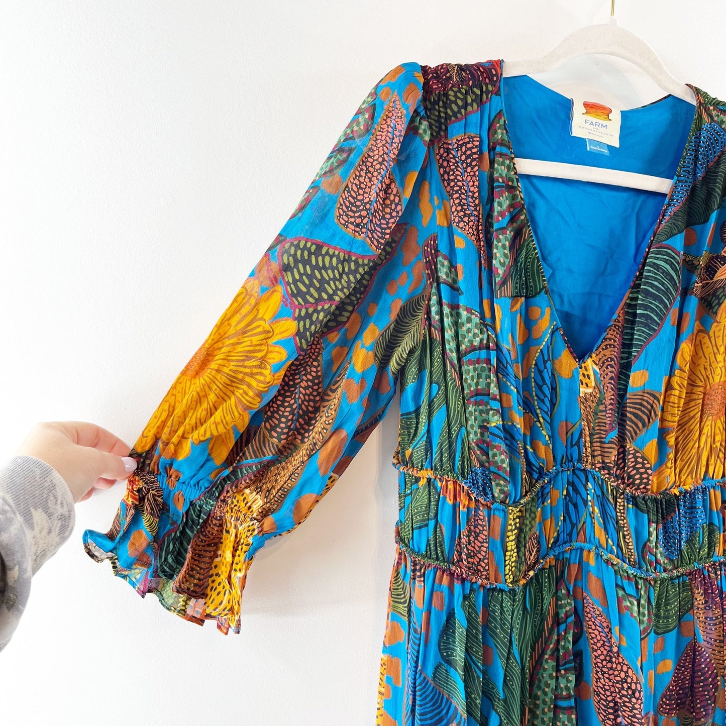 Farm Rio Anthropologie Puff-Sleeve Smocked Tiered Maxi Dress Blue Small