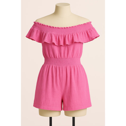 Vineyard Vines Off The Shoulder Ruffle Cotton Gauze Romper Pink Large