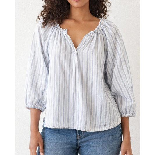 beachLunchLounge Striped 3/4 Sleeve Cotton Peasant Blouse White Blue Small