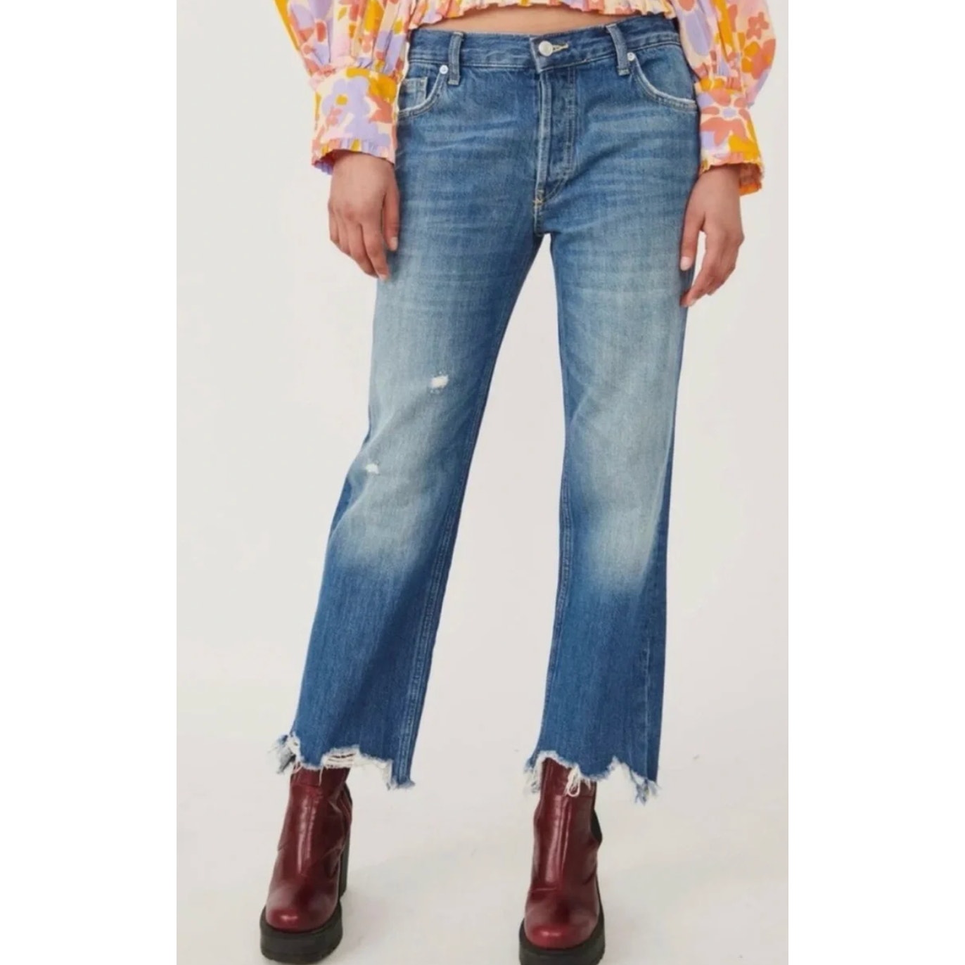 Free People Mid Rise Maggie Button Fly Straight Leg Chewed Hem Jeans Blue 26