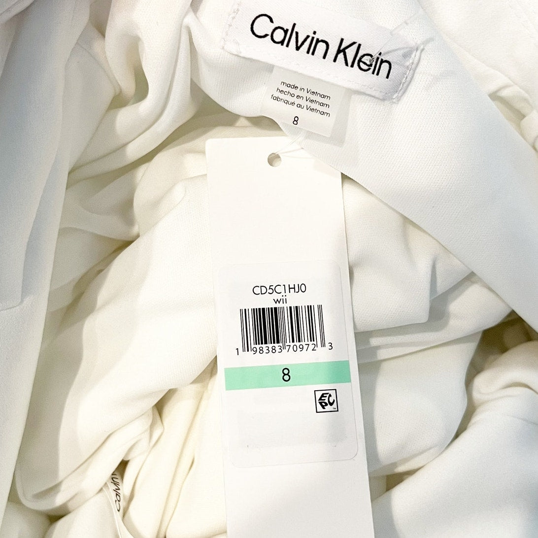 Calvin Klein V Neck Sheer Long Sleeve A Line Knee Length Dress White 8