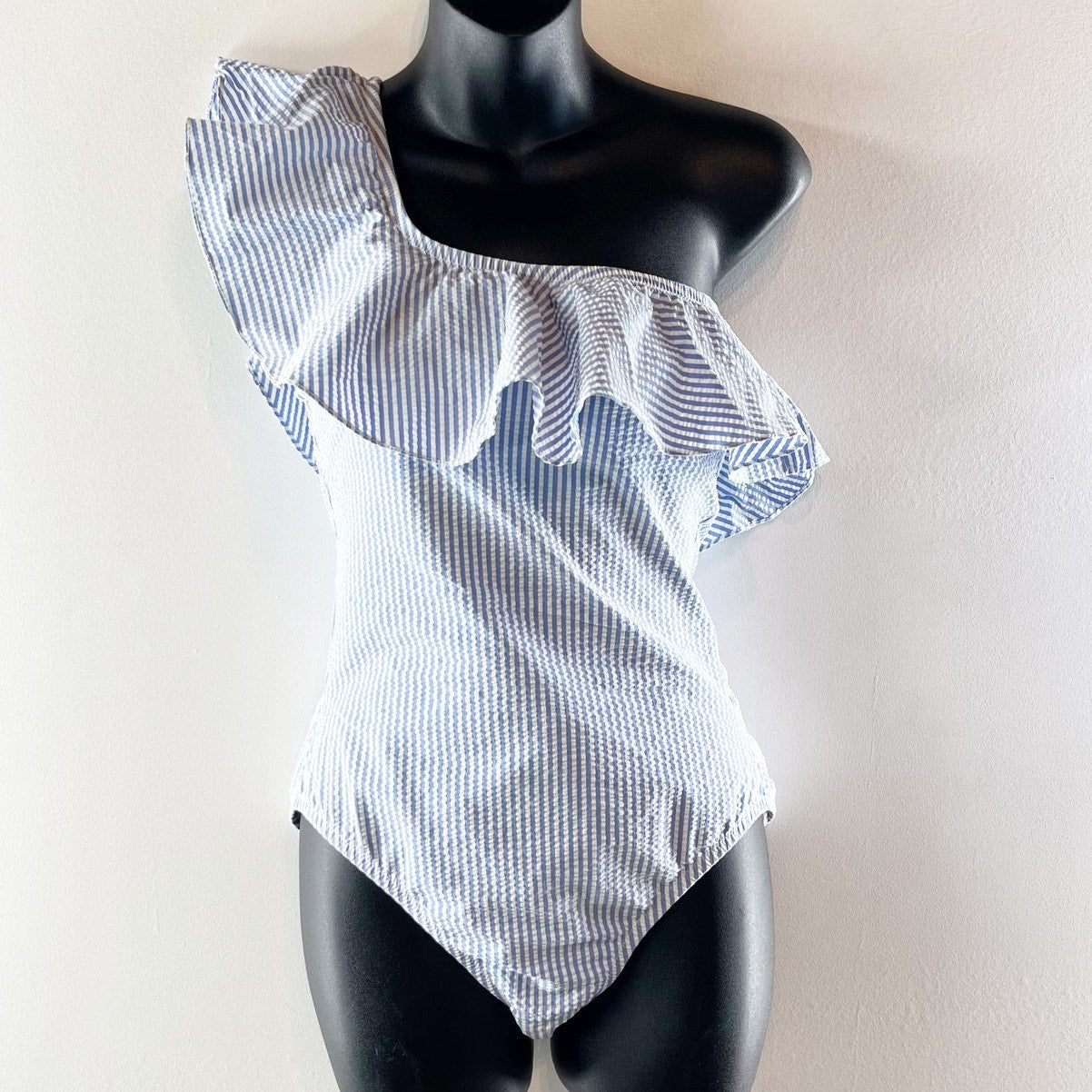J. Crew One Shoulder Ruffle Striped Seersucker One Piece Swimsuit Blue Small