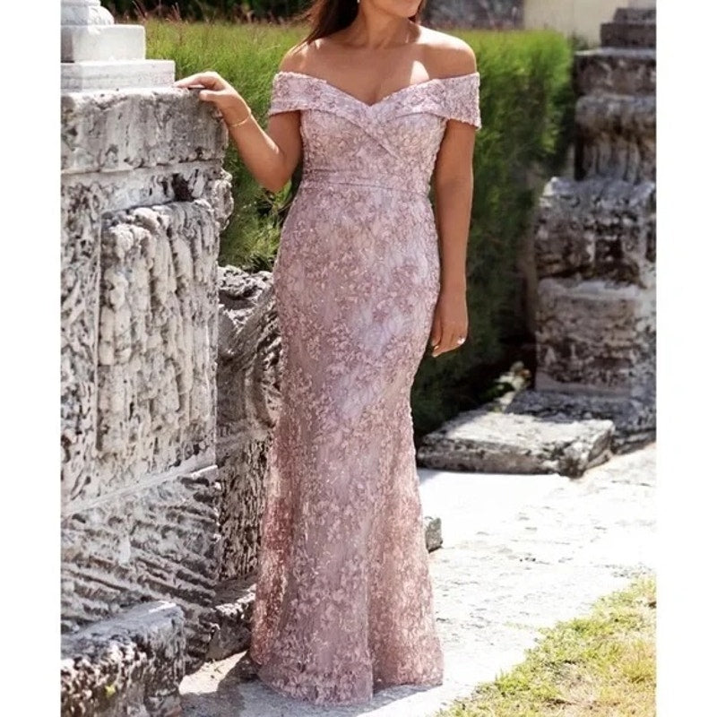 Xscape Jill Off The Shoulder Lace A Line Long Evenings Gown Taupe Pink 4