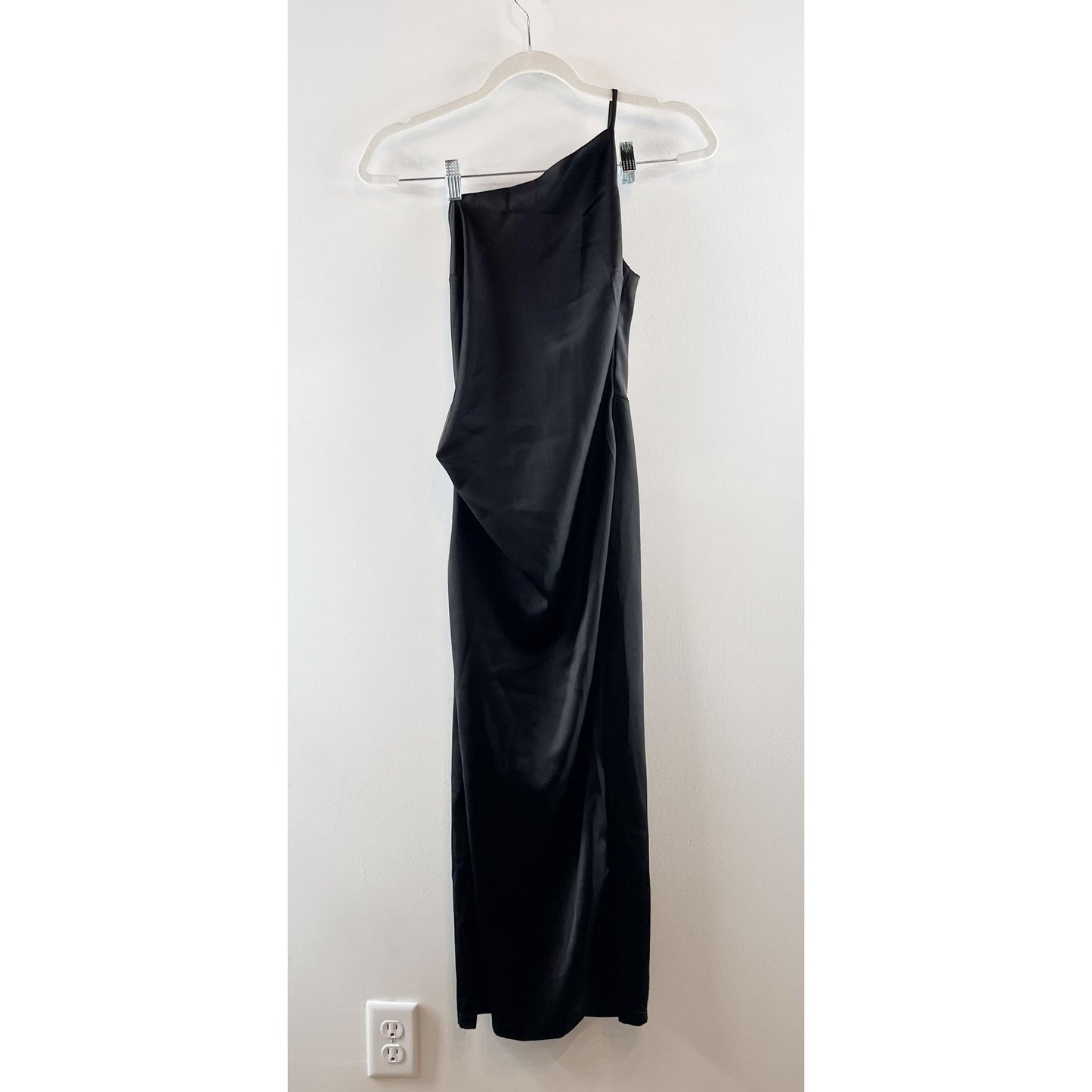 Petal & Pup Satin Asymmetrical One Shoulder Cocktail Maxi Dress Black 2