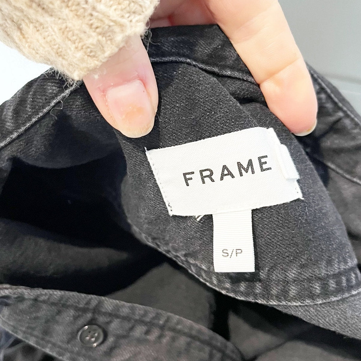 Frame Rosette Puff Elbow Sleeve Collared Denim Button Down Shirt Black Small