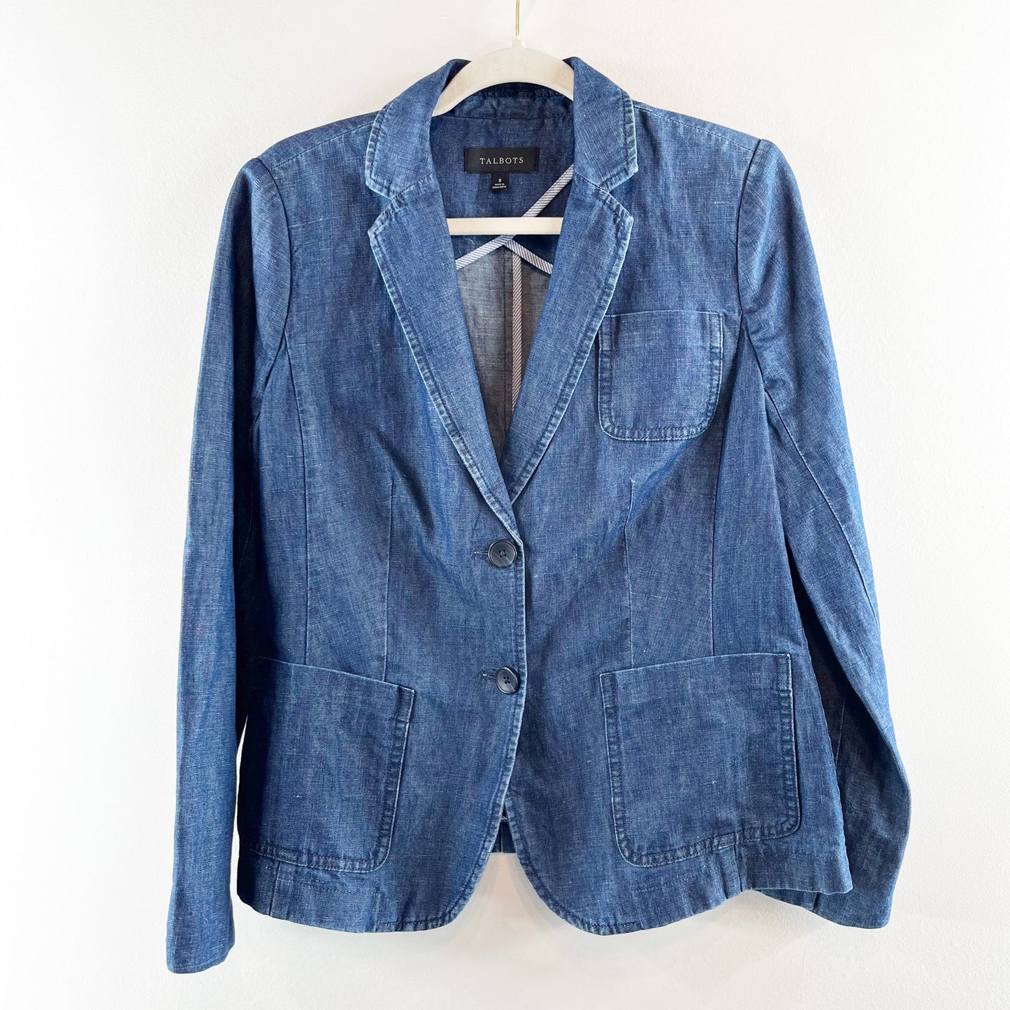Talbots Double Button Denim Chambray Blazer Jacket Blue 8