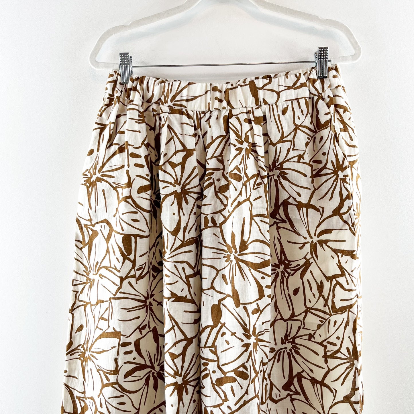 Magaschoni Linen Floral Pull On High Waisted Cropped Wide Leg Pants Brown Large
