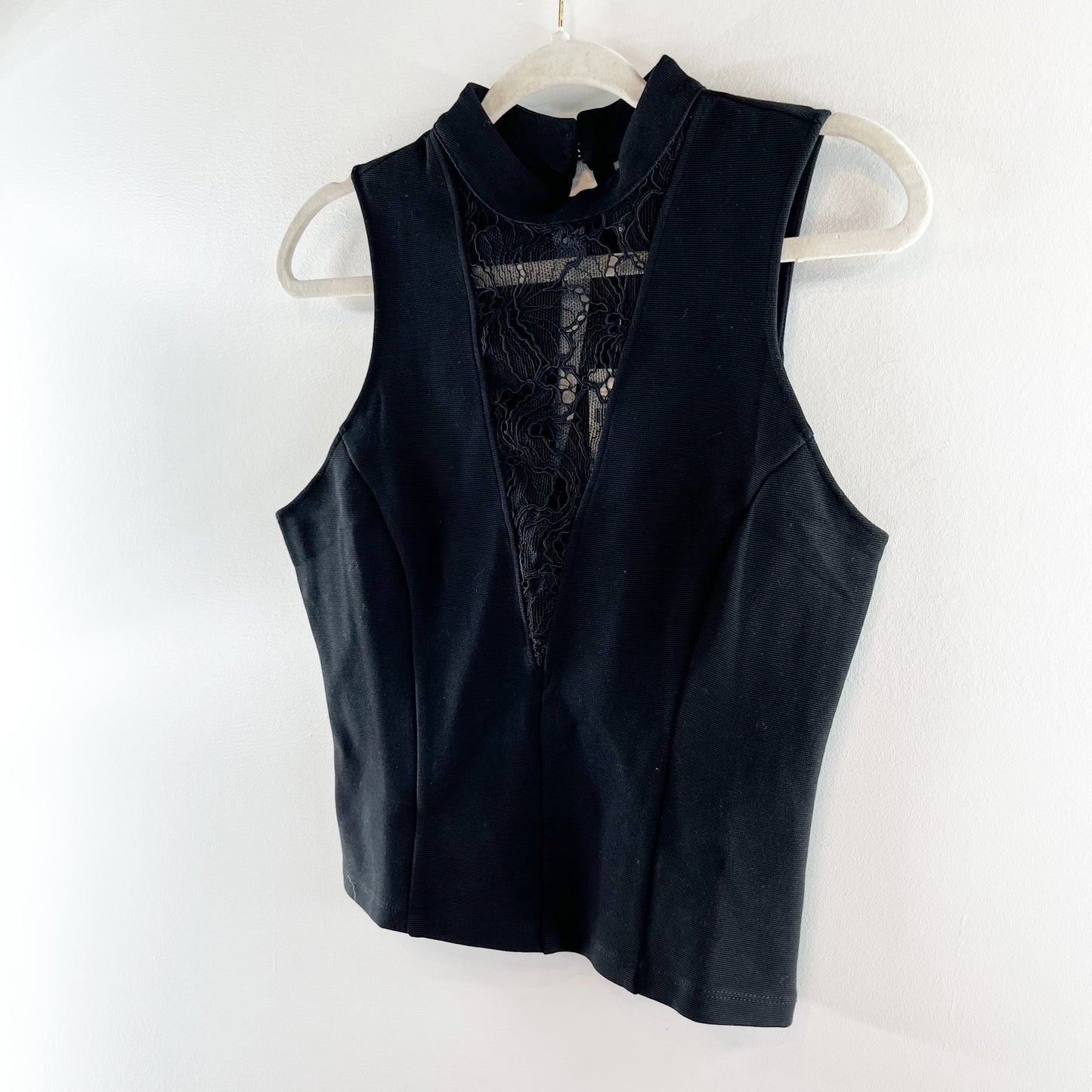 Anthropologie Sheer Lace Mock Neck Sleeveless Shell Tank Top Black Small