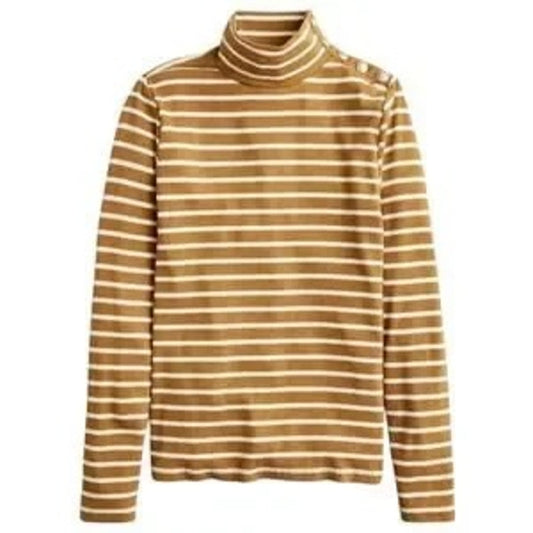 J. Crew Vintage Rib Turtleneck Striped Long Sleeve with Gold Buttons Yellow