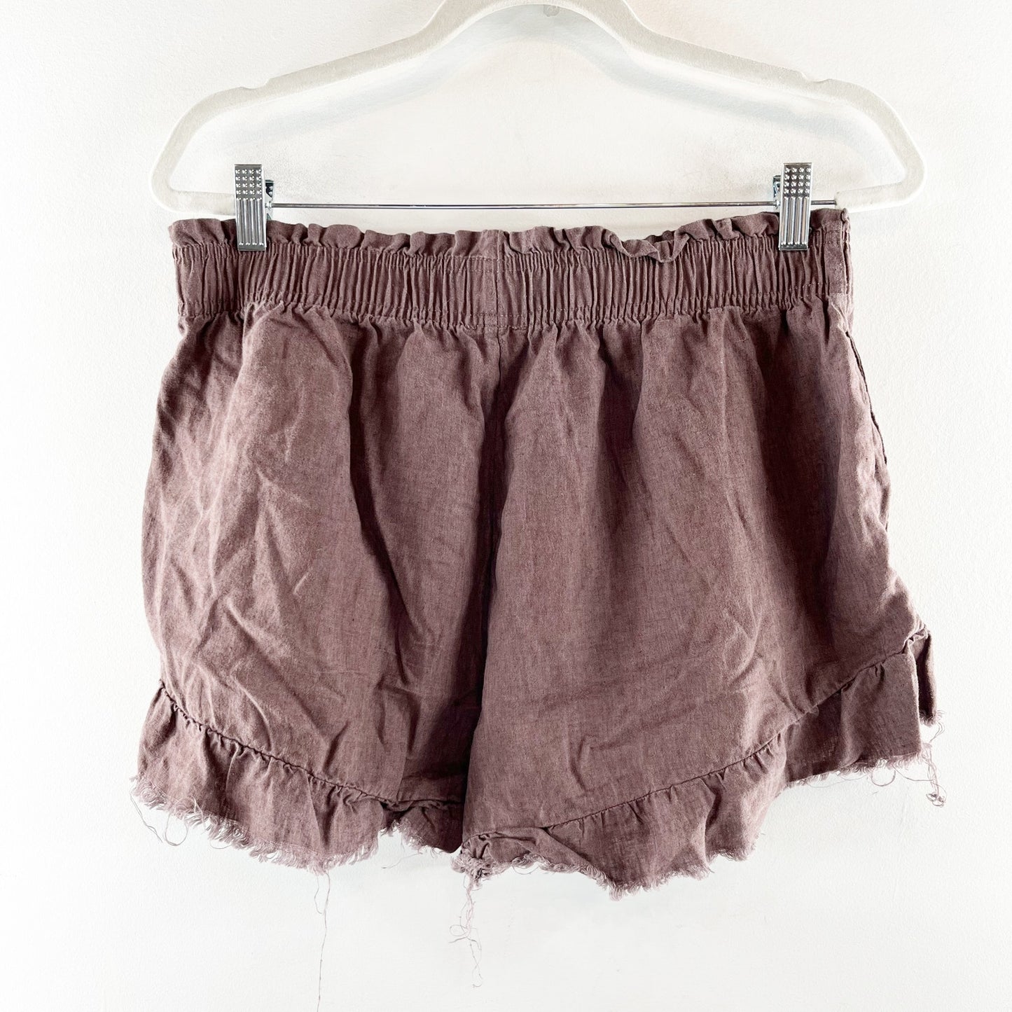 Aerie High Rise Ruffle Hem Linen Blend Pull On Shorts Brown Large