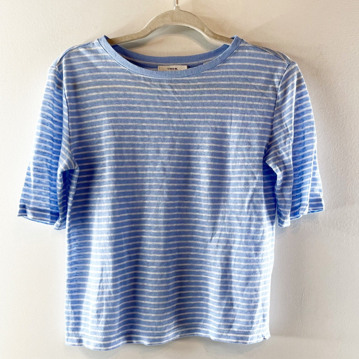 Vince. 100% Linen Striped Elbow Length Crewneck Tee Shirt Blue XXS