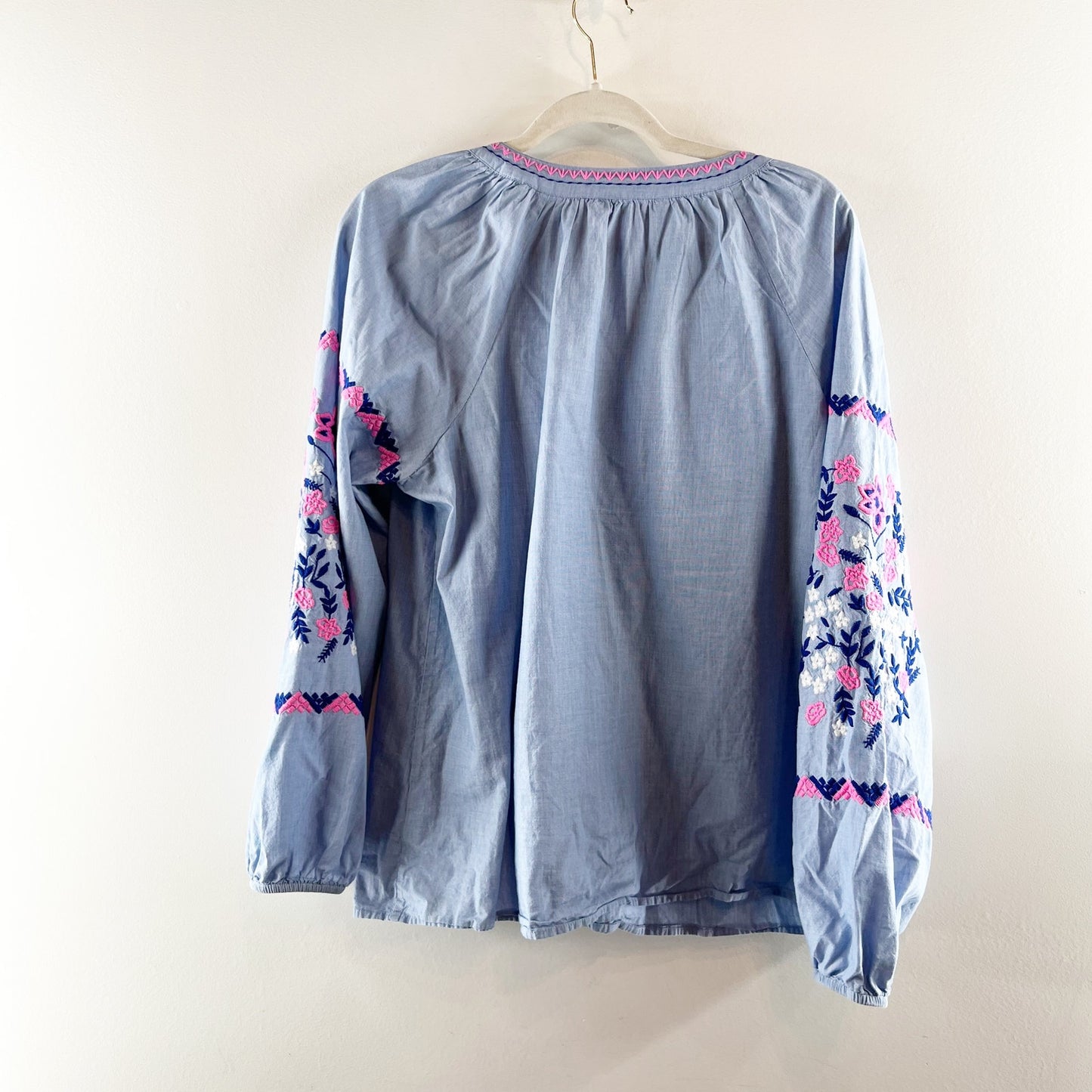 Lilly Pulitzer Keela Long Sleeve Embroidered Top Blouse Chambray Blue Large