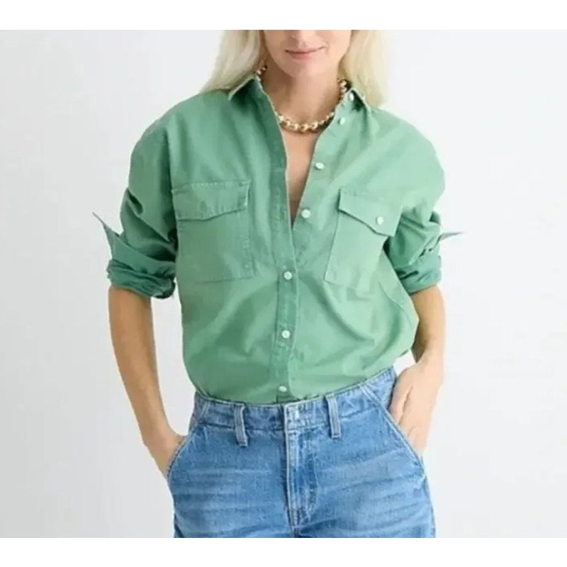 J. Crew Garment-Dyed Chambray Long Sleeve Button-Up Shirt Green Plus Size 18
