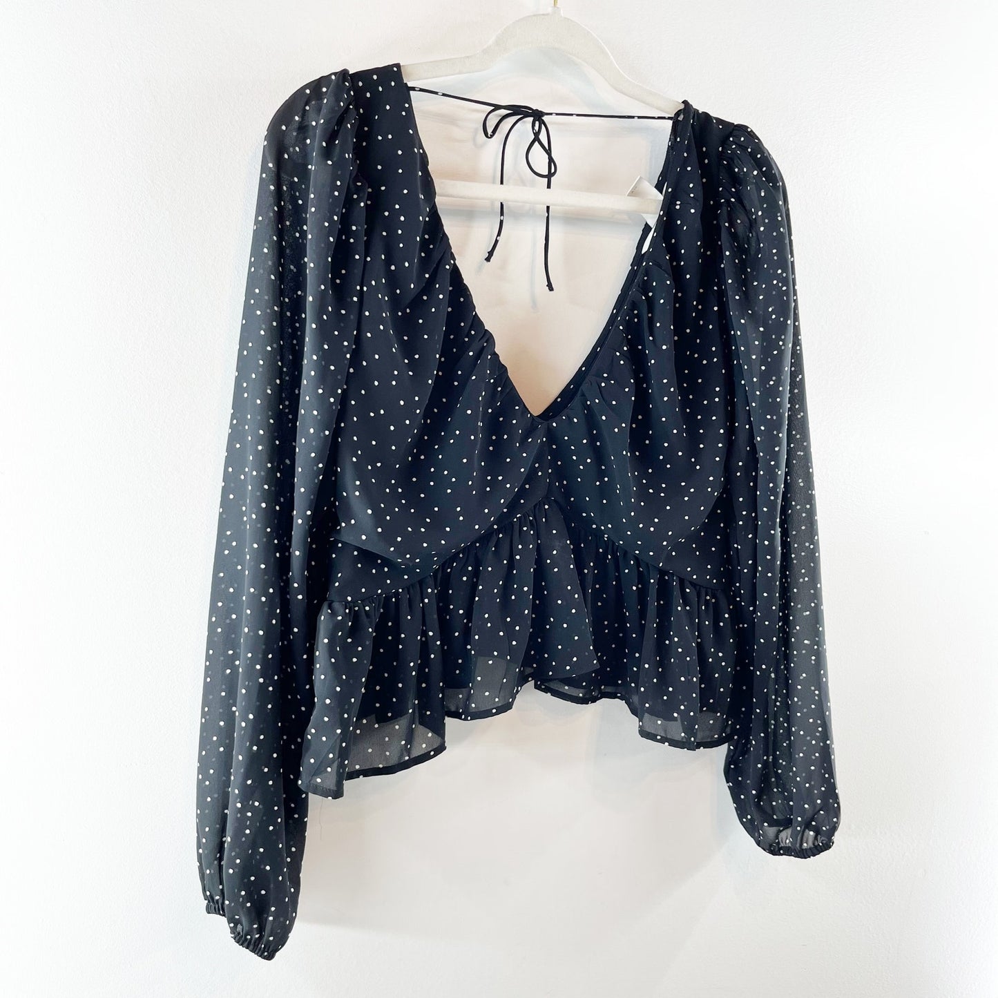 H&M Long Sleeve Polka Dot V Neck Peplum Crop Blouse Shirt Top Black Large