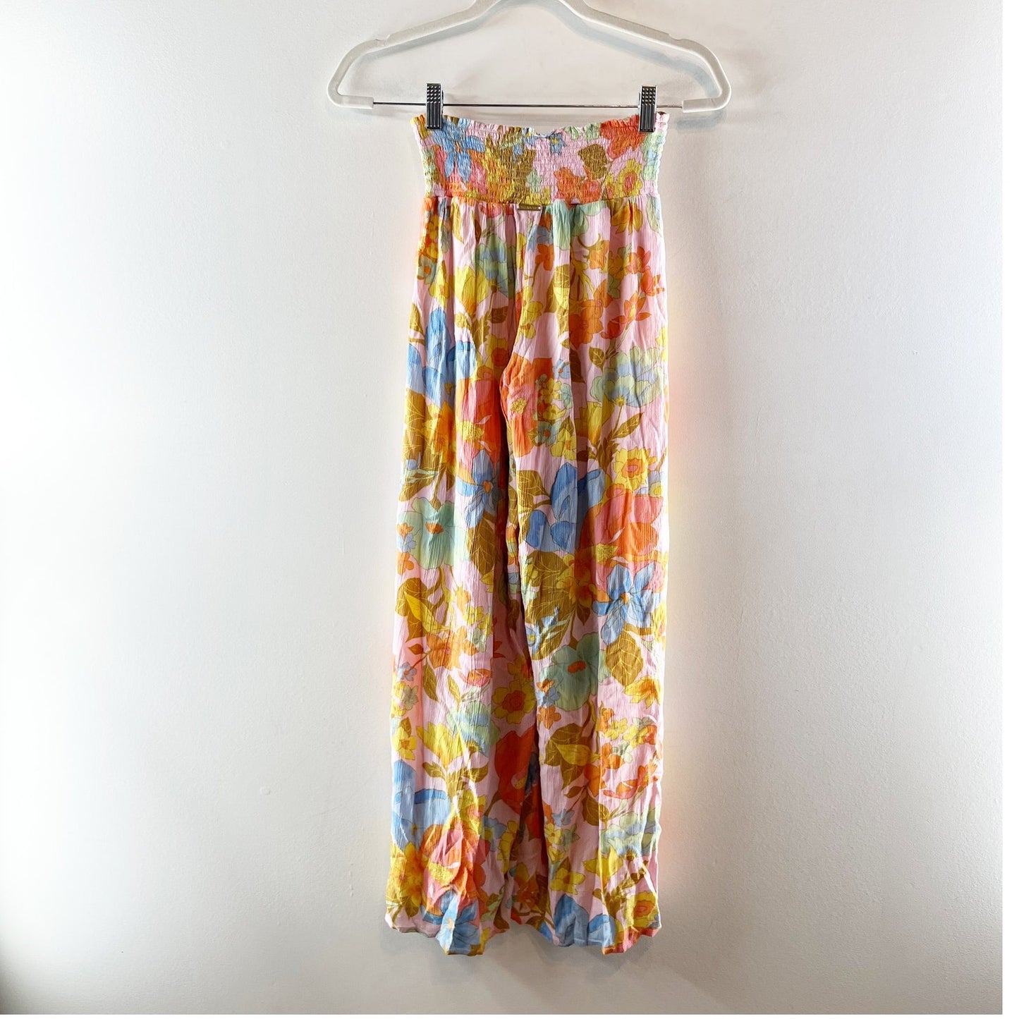 Billabong Wandering Soul 2 Floral Smocked Wide-Leg Pants Yellow Orange Small