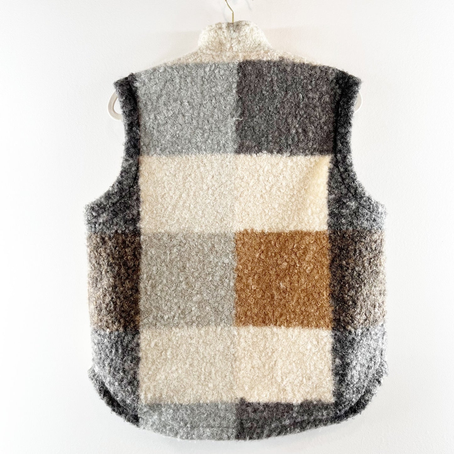 Blank NYC Good Time Faux Fur Plaid Button Up Vest Cream Gray Brown XS