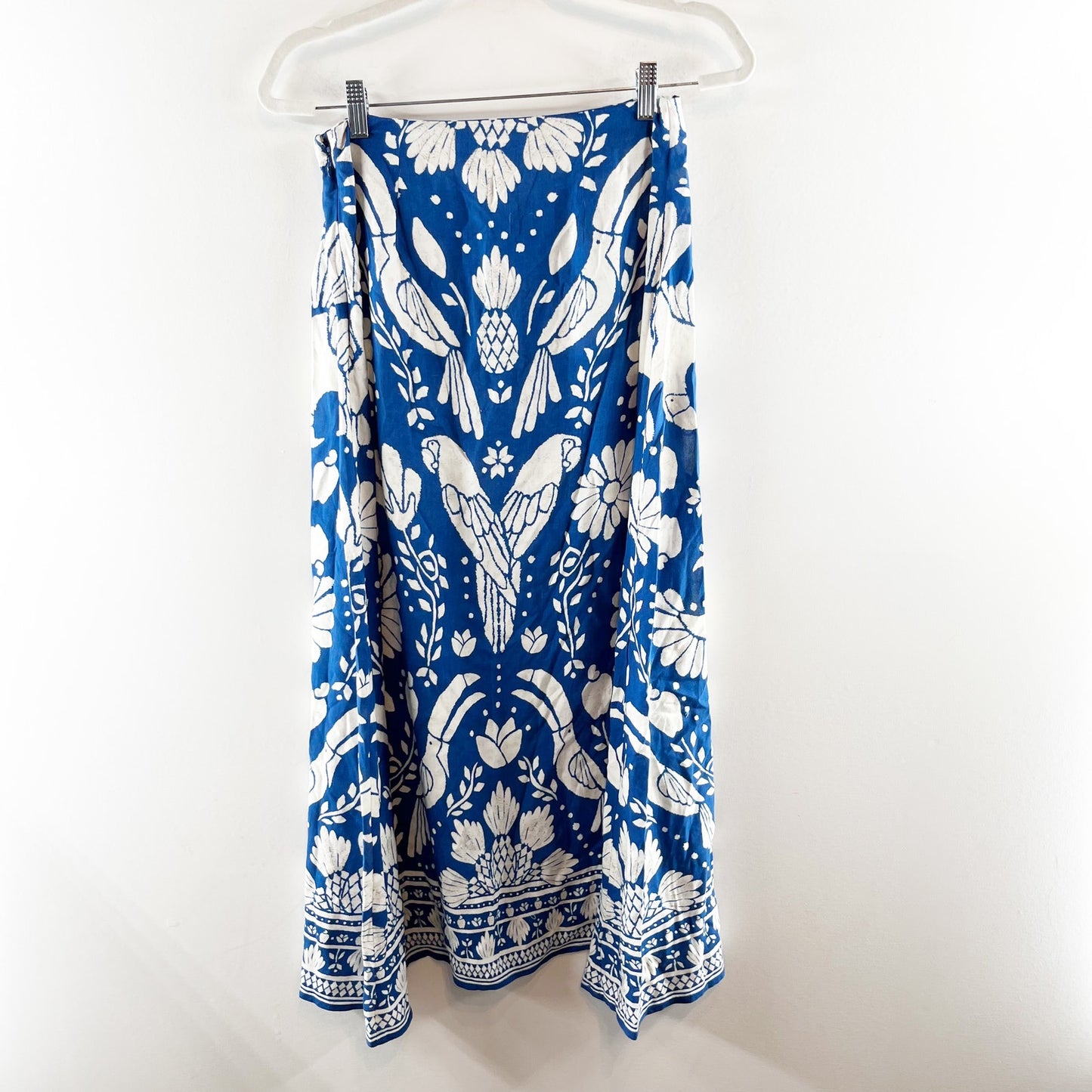 Farm Rio by Anthropologie Side Zip Mid-Rise Satin Slip Midi Skirt Blue White XS
