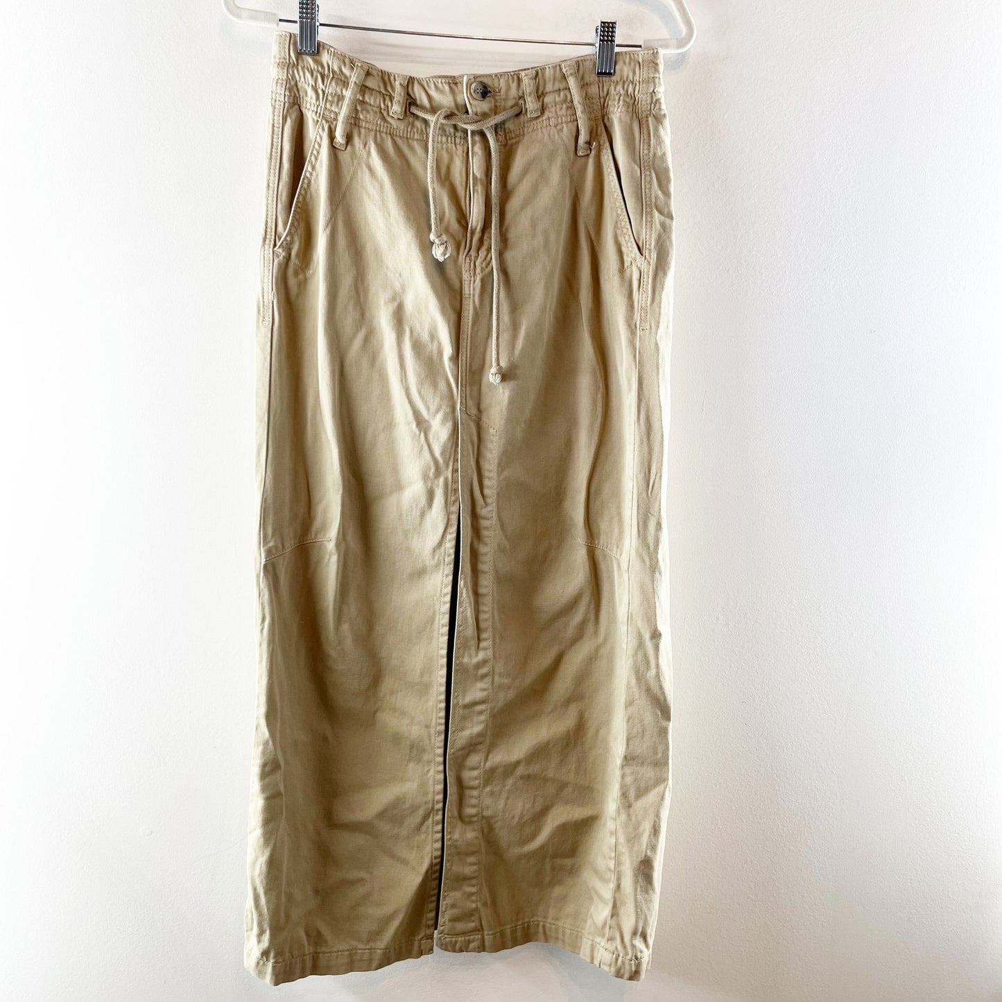 Free People Pull On Drawstring Waist Front Slit Utility Maxi Skirt Beige Tan 2