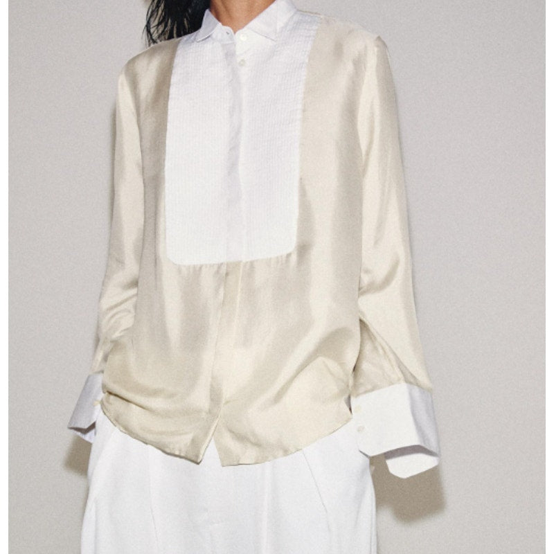 ZARA Silk Long Sleeve Bib Button Down Blouse Shirt Champagne Tan White Small
