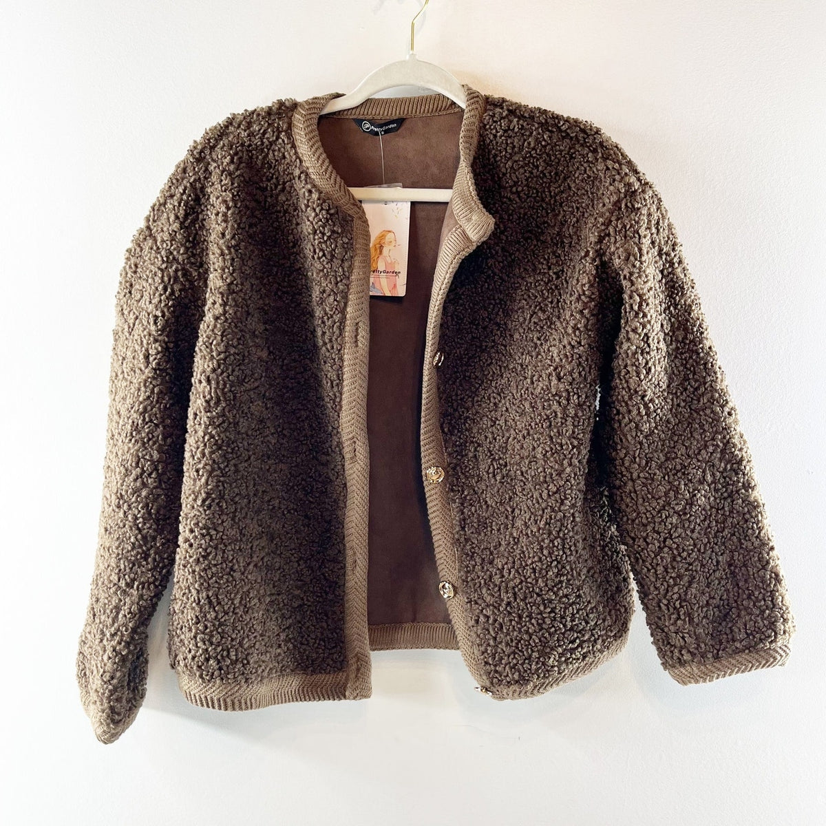 Pretty Garden Boucle Button Up Sweater Cardigan Jacket Brown Small