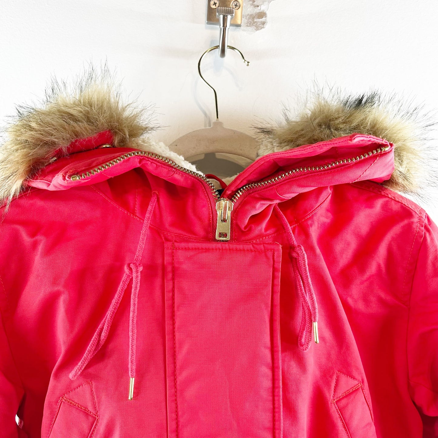 J. Crew Perfect Winter Parka Coat Jacket Faux Fur Trim Hood Red XXS