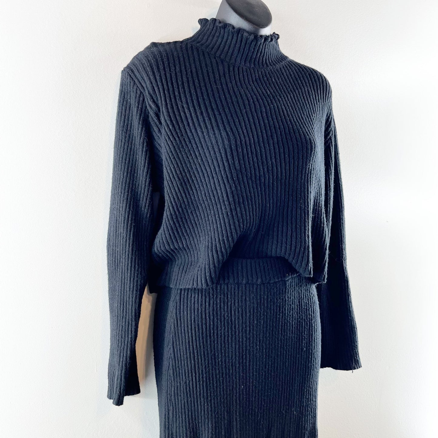 Petal & Pup Payton Knitted Ribbed Sweater and Midi Skirt Set Black Medium