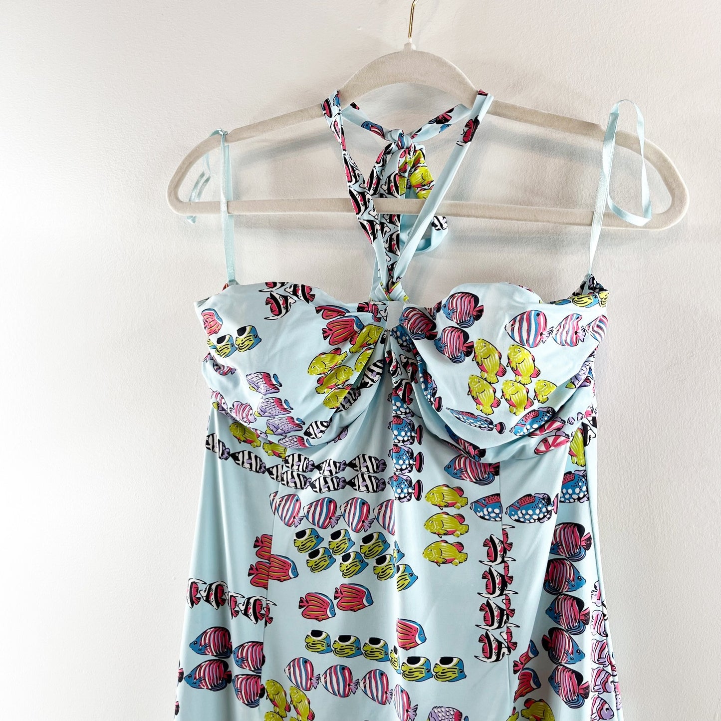 J. McLaughlin Fish Print Halter Tie Neck Mini Knee Length Dress Blue Medium