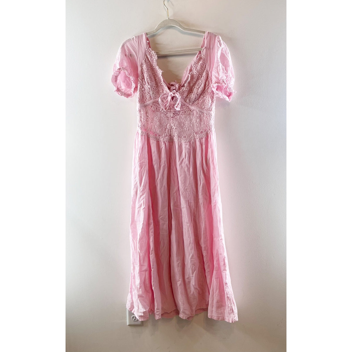 Free People All You Need Is Lace Short Sleeve Cotton Midi Dress Pink Large