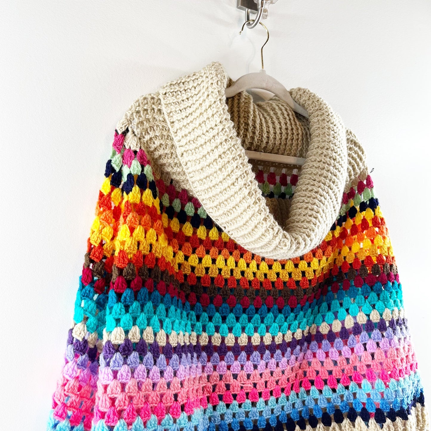 Saachi Earth to Sky Crochet Knit Poncho Rainbow Tassel Fringe Tan One Size