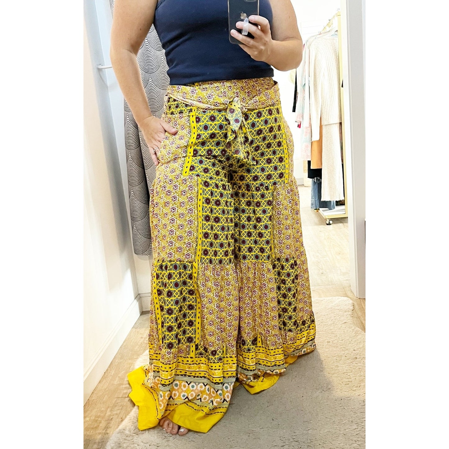 SMF Floral Print Smocked High Rise Tie Waist Wide Leg Pants Yellow Green Medium
