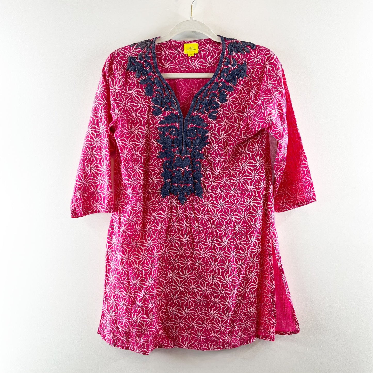 Roller Rabbit 3/4 Length Sleeve Embroidered V Neck Tunic Top Pink Blue XS
