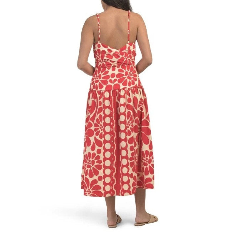 Christian Lacroix Linen Blend Floral Sleeveless Midi Dress Red Ivory 2