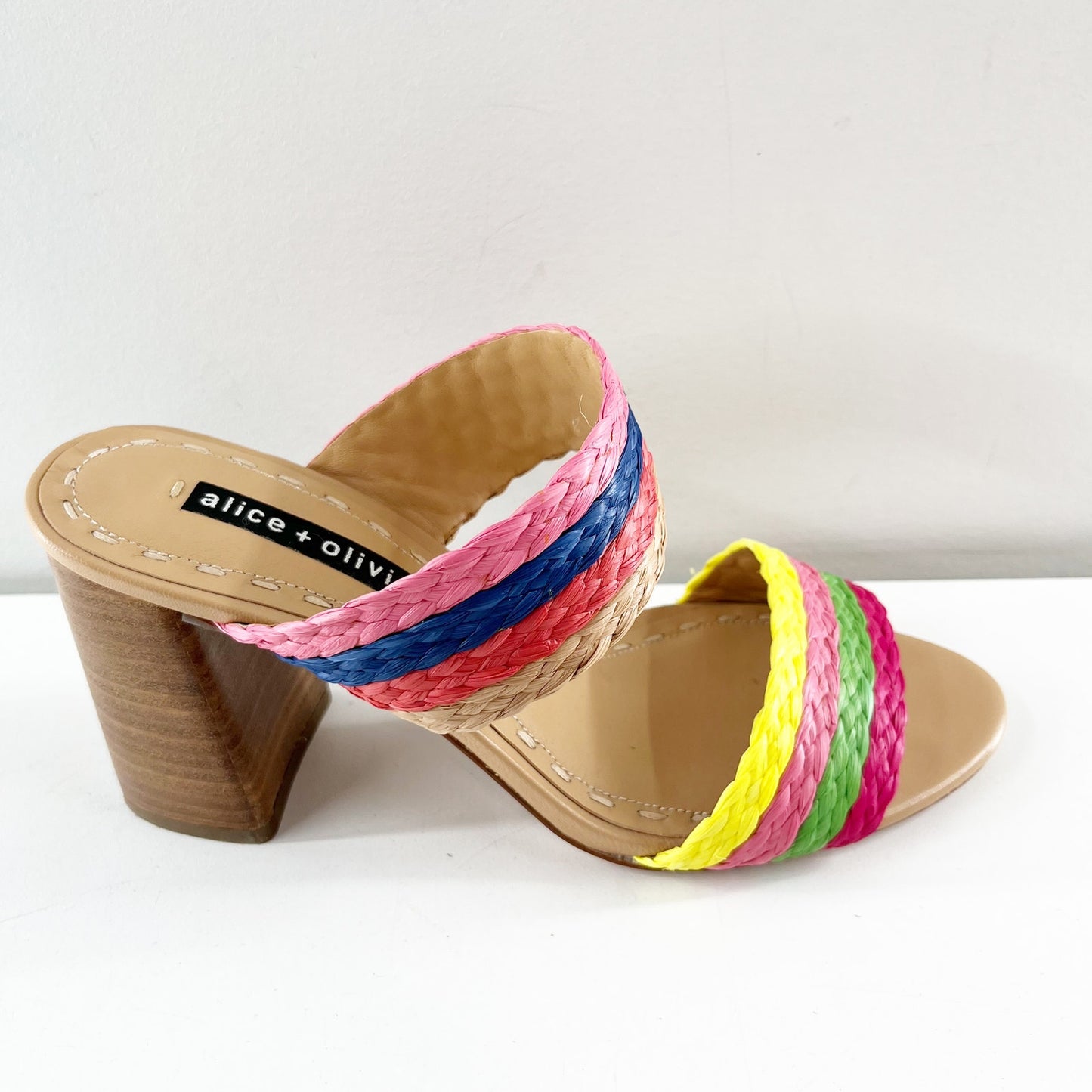 Alice + Olivia Leeda Raffia Rainbow Slip On Block Heel Sandals Rainbow 8