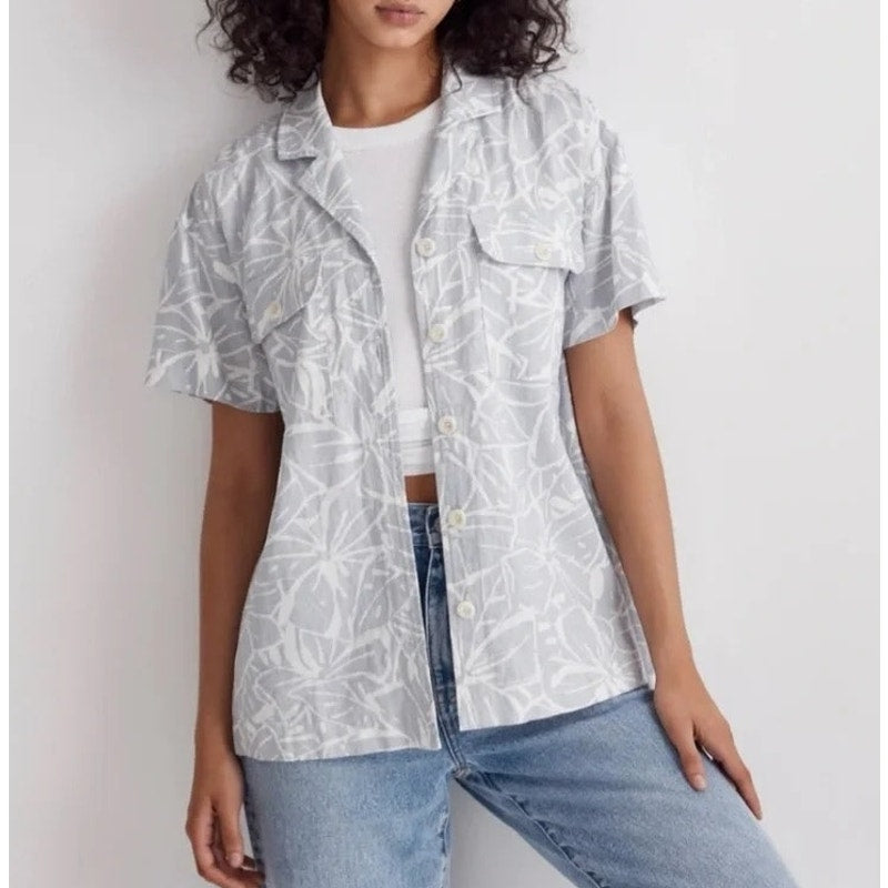 Madewell Linen-Blend Camp Short Sleeve Shirt in Abstract Flora Blue White Small