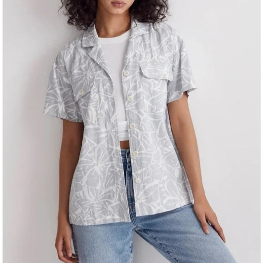 Madewell Linen-Blend Camp Short Sleeve Shirt in Abstract Flora Blue White Small