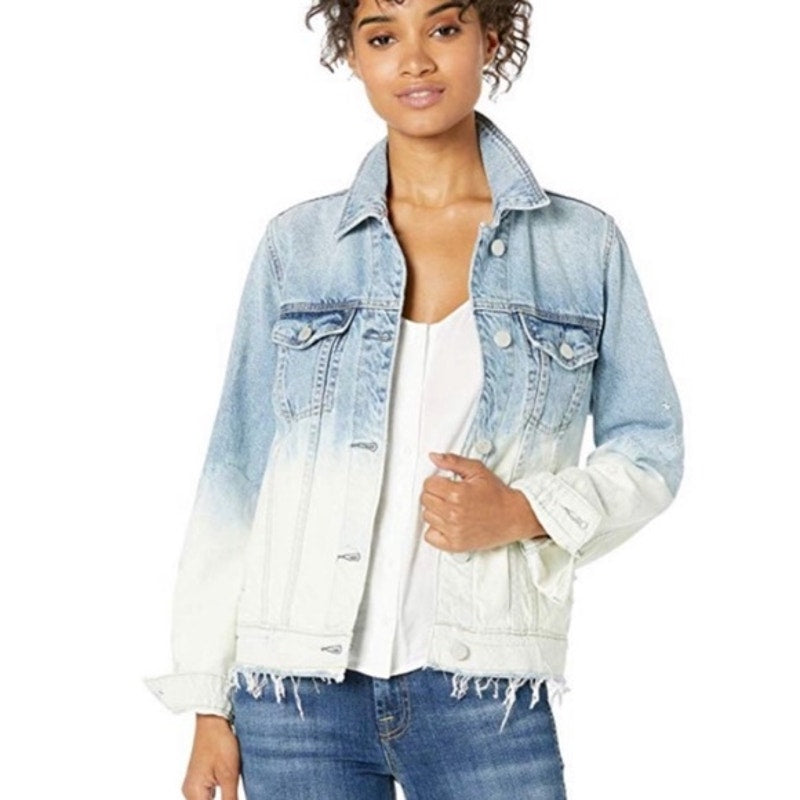 Blank NYC Ombre Dip Dye Raw Hem Denim Jean Trucker Jacket Blue White Small