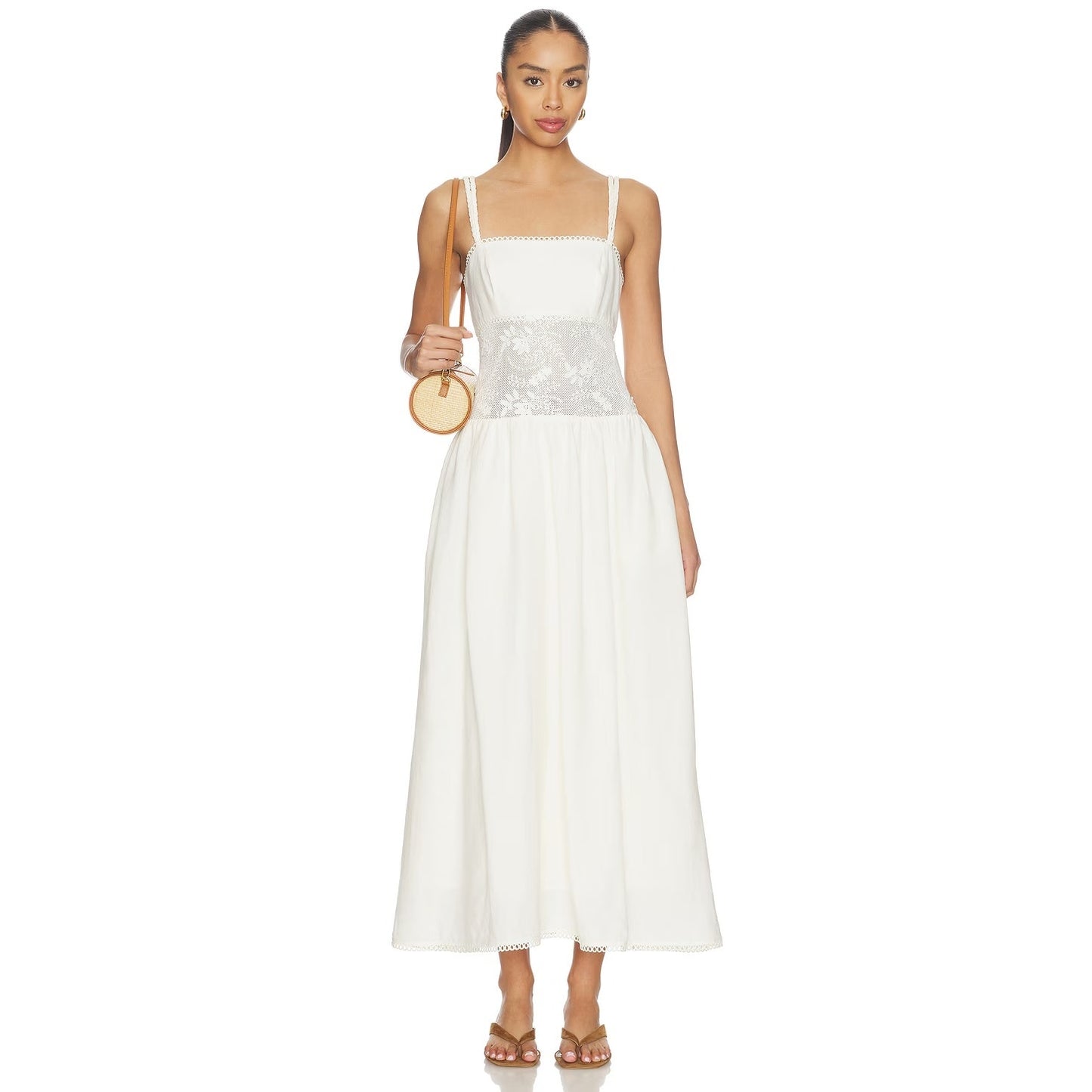 Steve Madden Enza Sleeveless Lace Trim Drop Waist Midi Dress Antique Cream 6