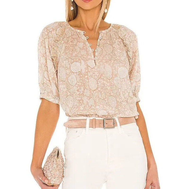 Cleobella Raimi 100% Organic Cotton Blouson Sleeve Blouse Top Beige Small