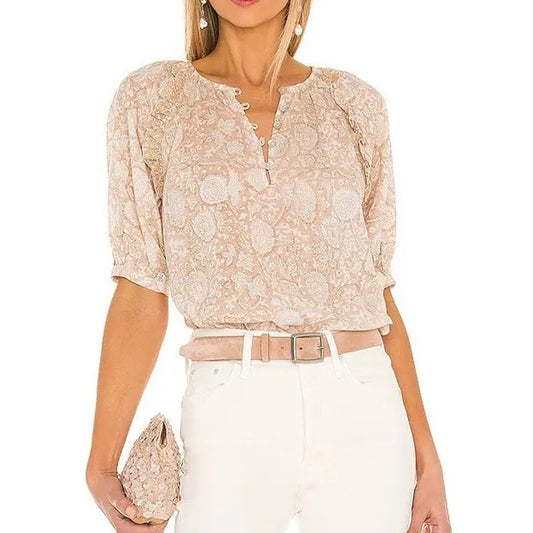 Cleobella Raimi 100% Organic Cotton Blouson Sleeve Blouse Top Beige Small