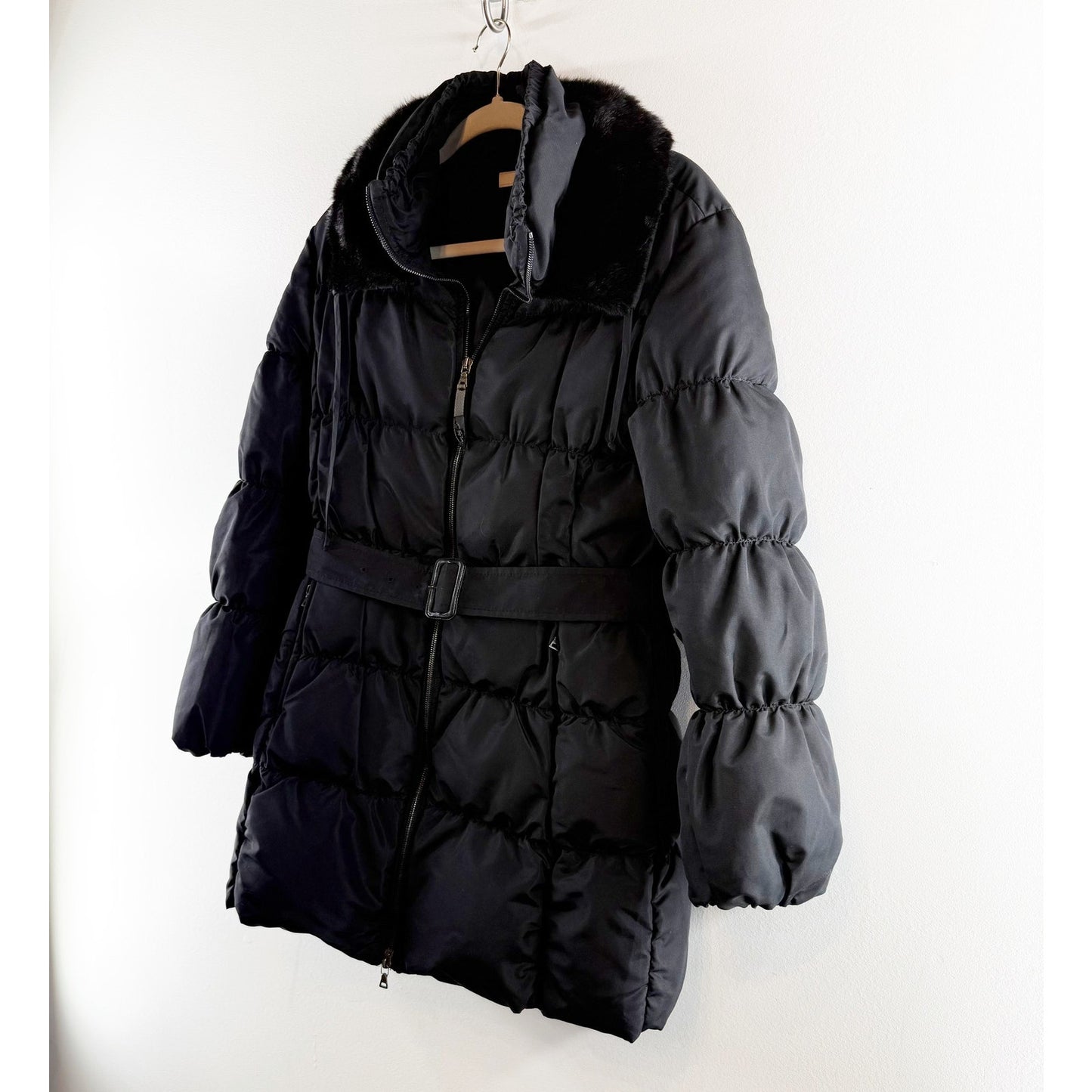 Prada Down Fur Trim Parka Puffer Coat Jacket Belted Black 42 / 12