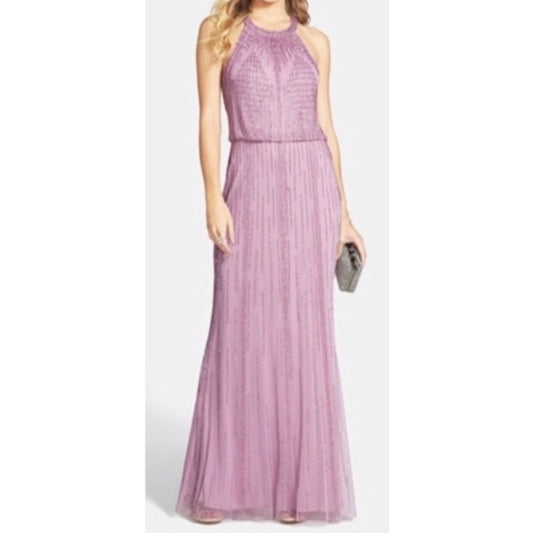 Adrianna Papell Halter Beaded Blousson Maxi Dress Gown Pink Lavender 6