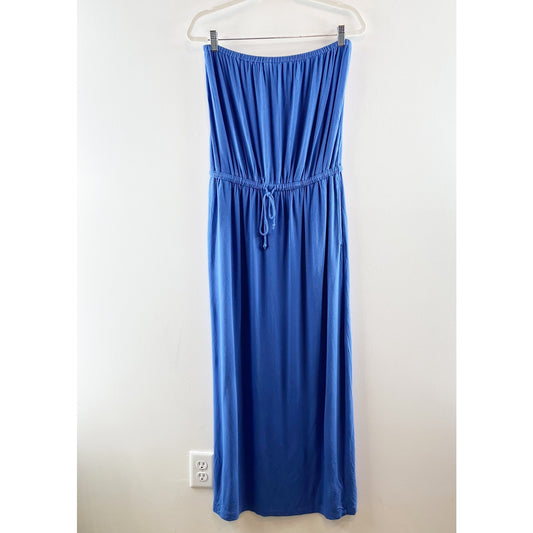 J. Crew Strapless Tube Slip Drawstring Waist Blouson Maxi Dress Blue Medium