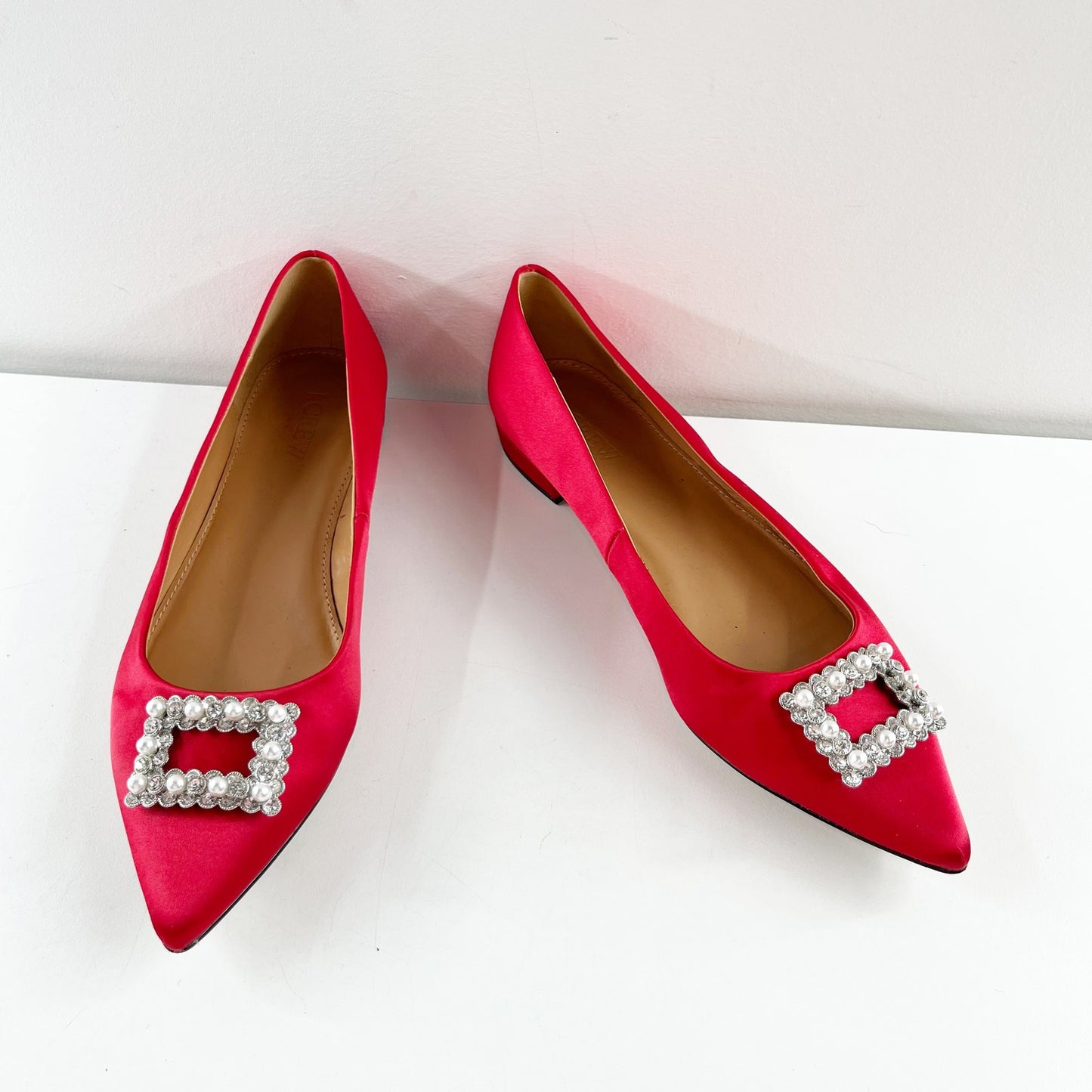 J. Crew Crystal Embellished Pointed Toe Satin Flats Shoes Ruby Red 8
