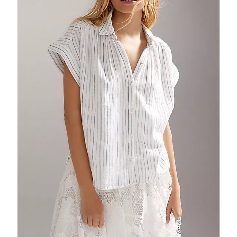 Citizens of Humanity Penny Striped Short Sleeve Blouse Top White Blue XS