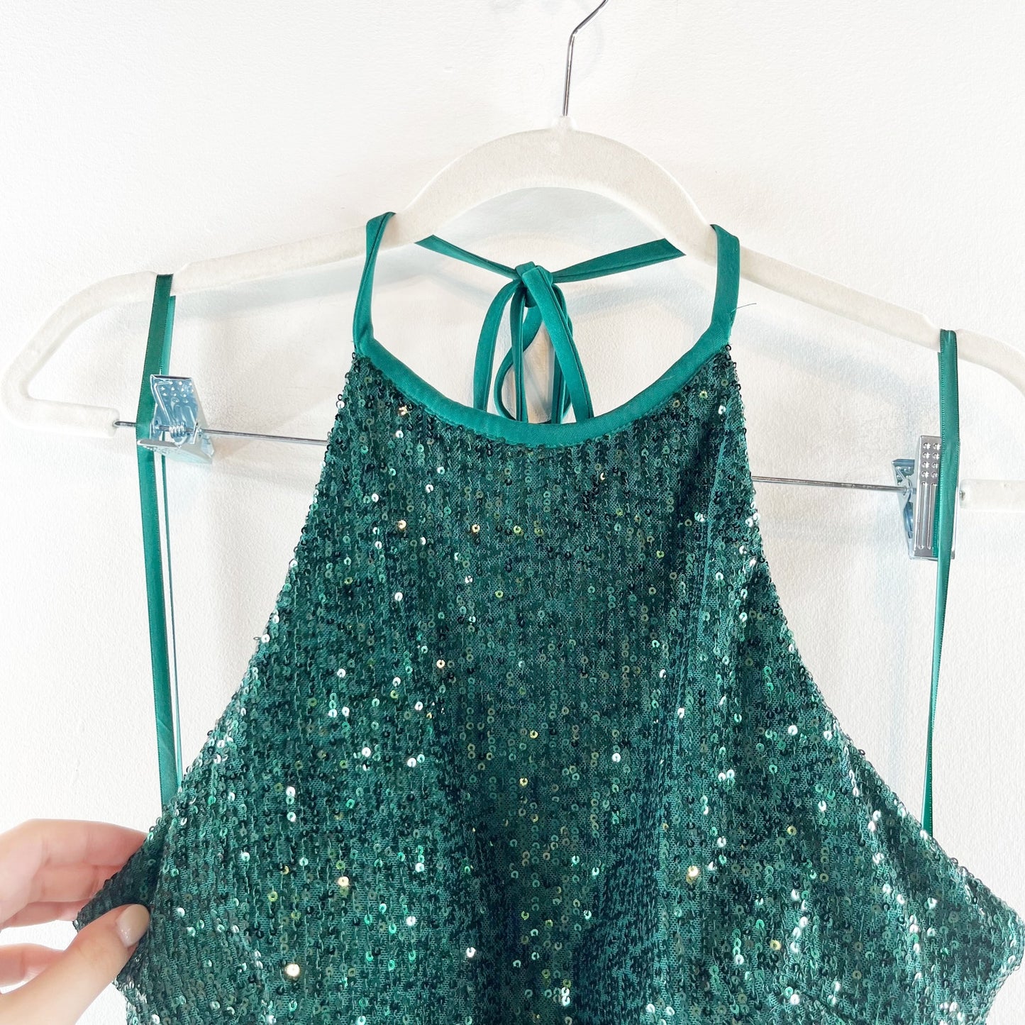 Ieena for Mac Duggal Sequin Formal Halter Maxi Gown Dress Bottle Green 10