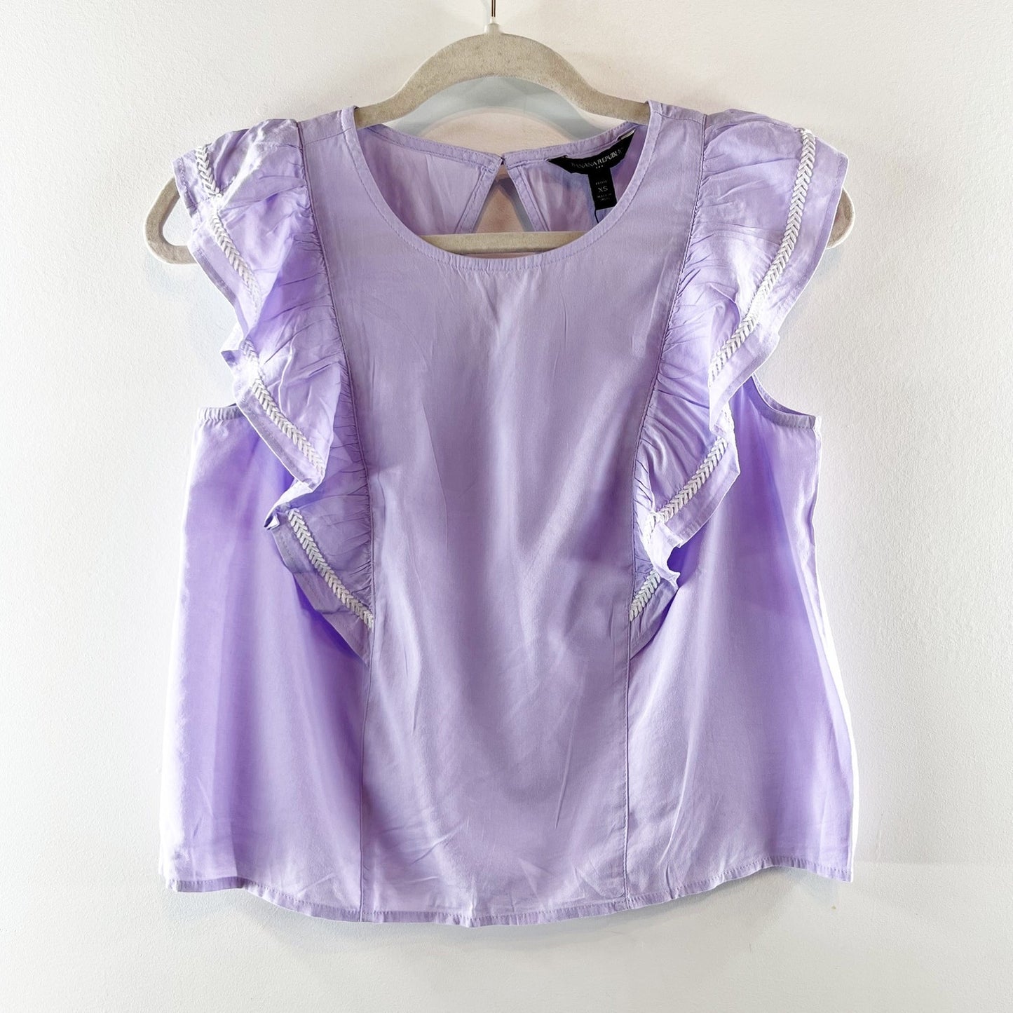 Banana Republic Open Back Cutout Ruffle Short Sleeve Top Lilac Purple XS Petite