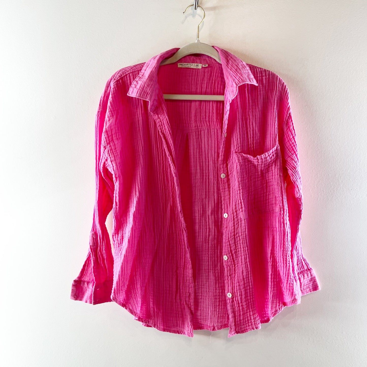 Uncharted Threads Long Sleeve Gauzy Cotton Button Down Shirt Pink Medium