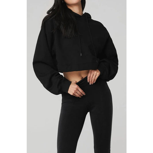 ALO Yoga Bae Long Sleeve Dropped Shoulder Active Cropped Boxy Hoodie Black Small