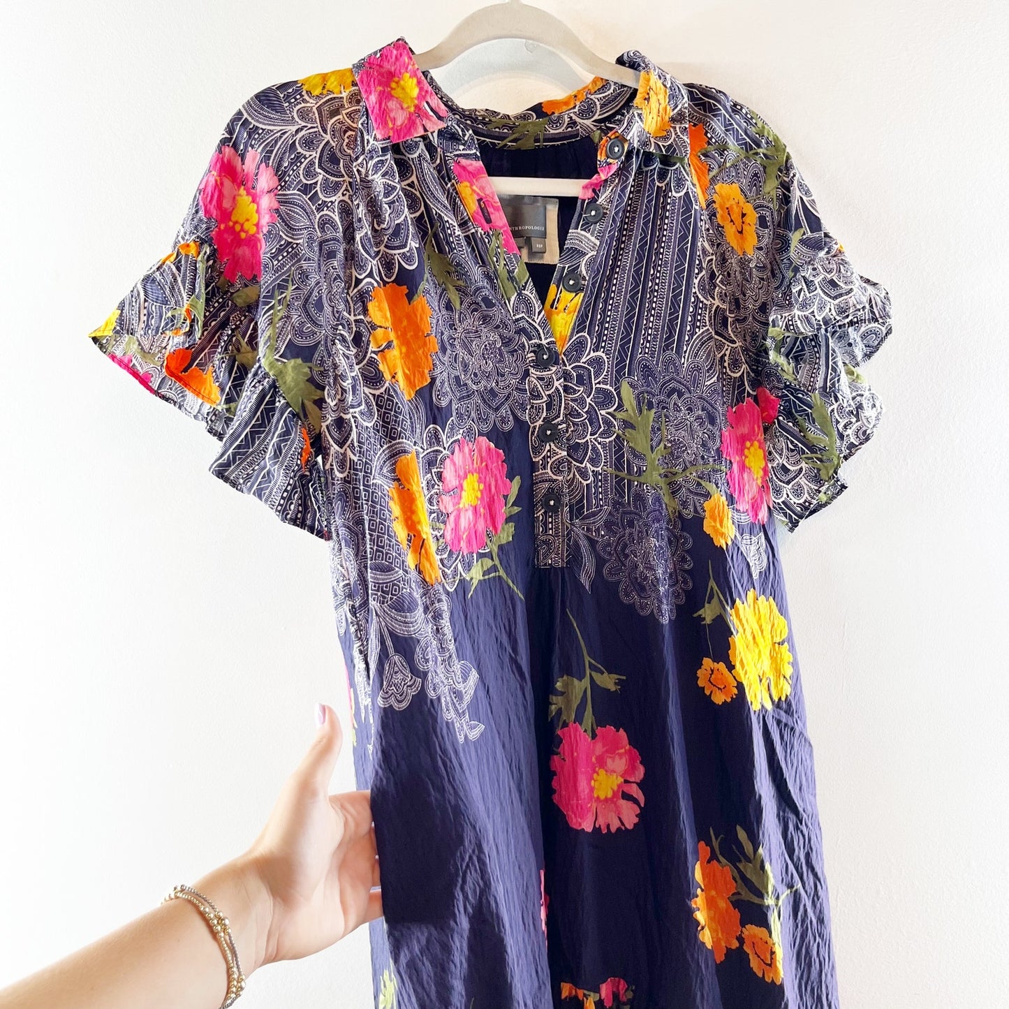 Anthropologie Floral Ruffle Sleeve V-Neck Tiered Midi Dress Navy Multi XS Petite